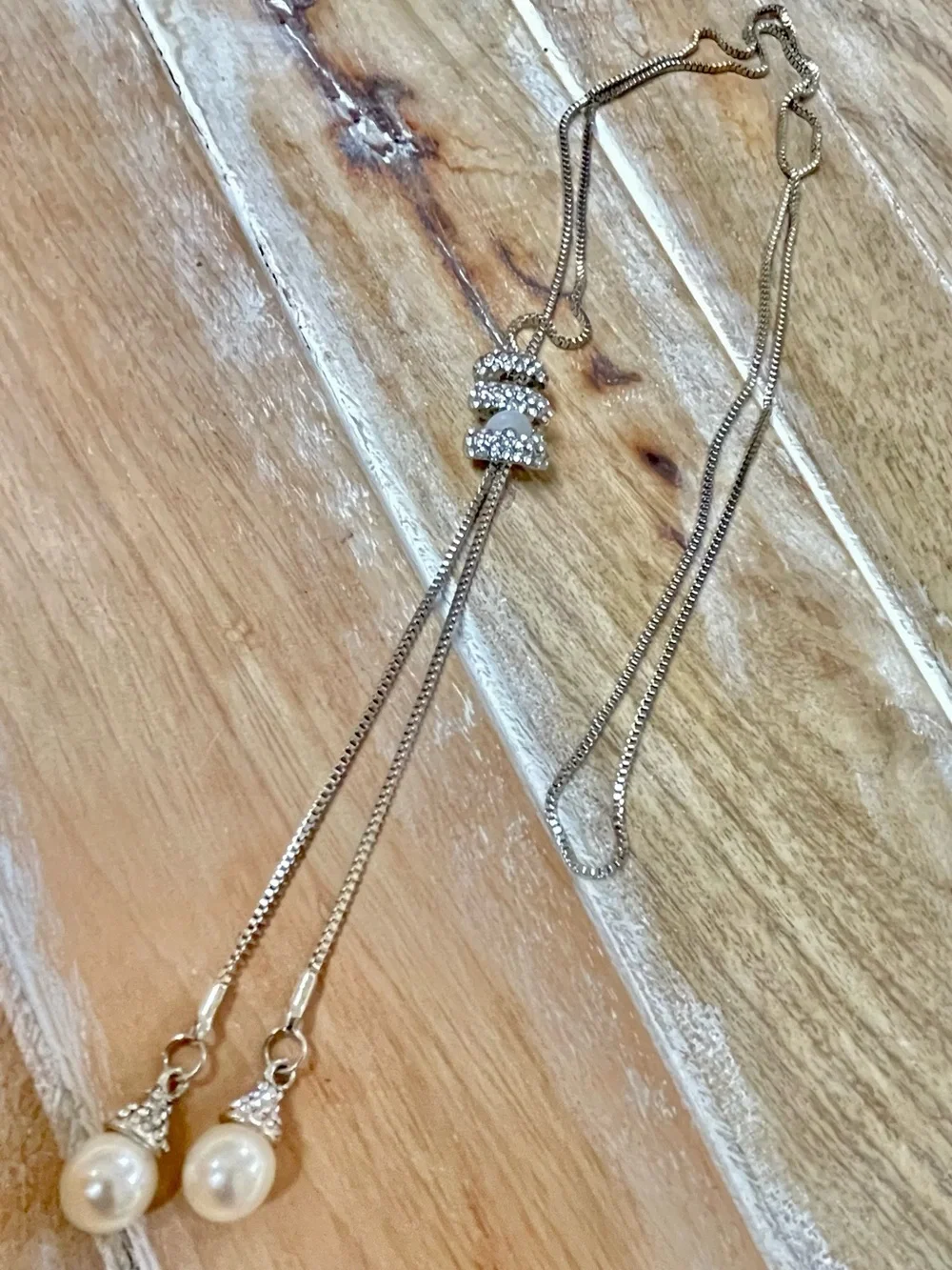 Silver Pearl Lariat Necklace with Sliding Crystal Accent